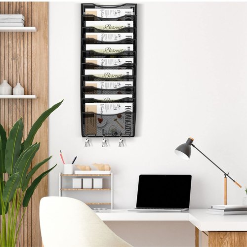 Flexzion Wall Hanging File Organizer Metal File Holder 10-Pocket Black Mesh Office Wall Organizer Magazine Rack Wall Mounted Hanging Paper Organizer with Key Hooks and Label Plates