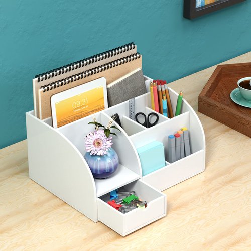 FEMELI Office Desk Organizer and Accessaries,Acrylic Desk Organizer with 8 Compartments +1 Drawer(White)