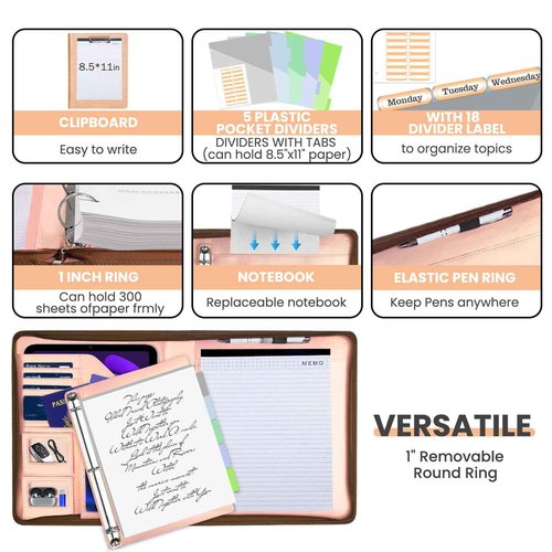 KLLVE Leather Padfolio Portfolio with Clipboard Storage, Removable 3 Ring Binder 1 Inch Zipper Binder, Document Organizer for Women Men with Notepad, 5 Pocket Dividers, Pen Holder, Rose Gold