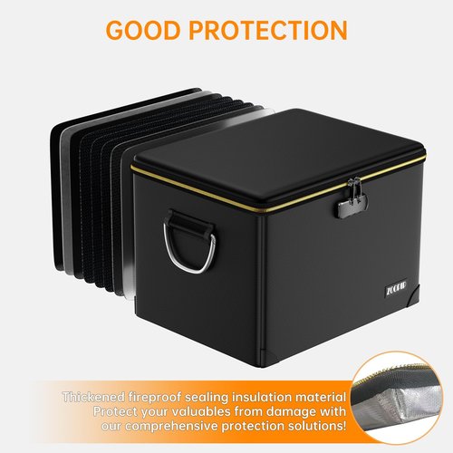 ZOOPIP Fireproof Document Box,Hard Case File Organizer with Fireproof Zipper&Threads,Non-Foldable Filing Cabinet with Lock, Portable Office Safe Box Storage for Hanging Letter Folder,Valuables,Black