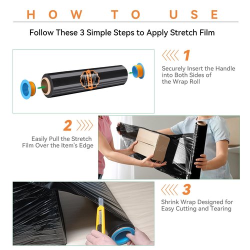 ADAYM 18" x 1500' Stretch/Shrink Wrap Roll (4 Rolls) - Black Plastic Wrap for Moving, Heavy Duty 80 Gauge, 600% Stretch for Packing, Pallets, Shipping&Furniture Protection with Handles