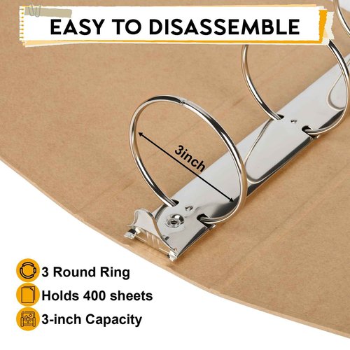 2 Packs Kraft 3-inch Binder, Durable Letter Size 3 Ring Binder Natural Recycled Kraft 3 Ring, O-Ring Organizer, Fit for 8.5x11 Inches, for Home Office Supplies