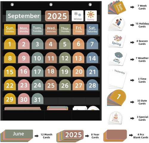 Regeleto Large Boho Calendar Pocket Chart - 96 Cards for Classroom Learning | 32.25 x 24.125 Inch Black Design