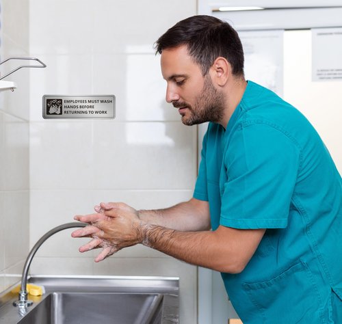 (4 Pack) Employees Must Wash Hands Sign, Self-Adhesive Metal Signage for Bathroom Office, Waterproof Aluminum Signs for Indoor Outdoor (9x3, Brushed Aluminum)