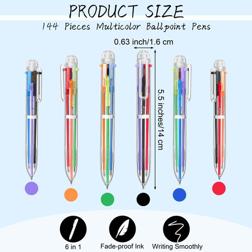 Aodaer 144 Pieces Multicolor Ballpoint Pens 0.5 mm 6 Colors Transparent Barrel Ballpoint Pen 6-in-1 Multicolor Retractable Ballpoint Pens for Office School Supplies Gifts