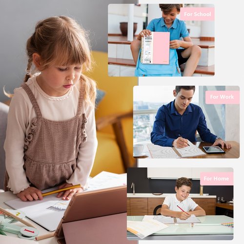 Aesthetic 5-Subject Notebook College Ruled with 5 Movable Tab Dividers & Pockets, 150 Sheets, 3-Hole Punched, Spiral Notbook, Plastic Cover, Fits 8.5"x11", 68gsm Paper, Includes Writable Stickers – Cute School Journal or Office Supplies, Pink