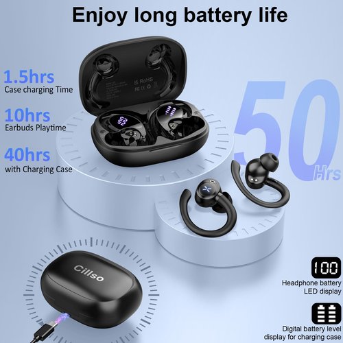 Wireless Earbuds, Bluetooth 5.4 Headphones Stereo Deep Bass with Earhooks, 50H Bluetooth Ear Buds with Noise Cancelling Mic, Fast Charging Digital Display IP7 Waterproof Earphones for Workout/Sports