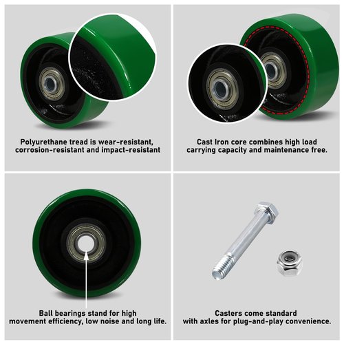 LONGRUNFORU 3" x 1.25"Caster Wheel, Polyurethane on Cast Iron Wheel, Ball Bearing-3/8" Bore, Set of 4 Heavy Duty Caster Caster Wheel with 1400 lbs Capacity(4 Pack)