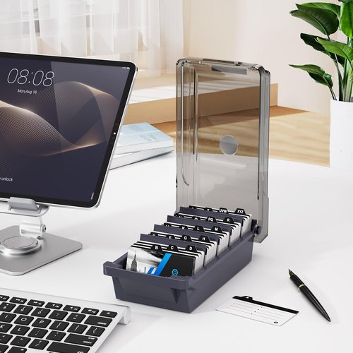 MaxGear Business Card Holder for Desk, Large Plastic Business Card Organizer Box with Lid, Credit Card File Storage Case for Office & Home, Holds 500 3.5” x 2.2” Cards with A-Z Index Tabs, Gray