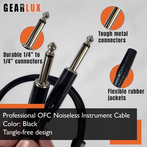 Gearlux Instrument Cable/Guitar Cable, 1/4 Inch, Straight to Straight, Black, 25 Feet - 2 Pack