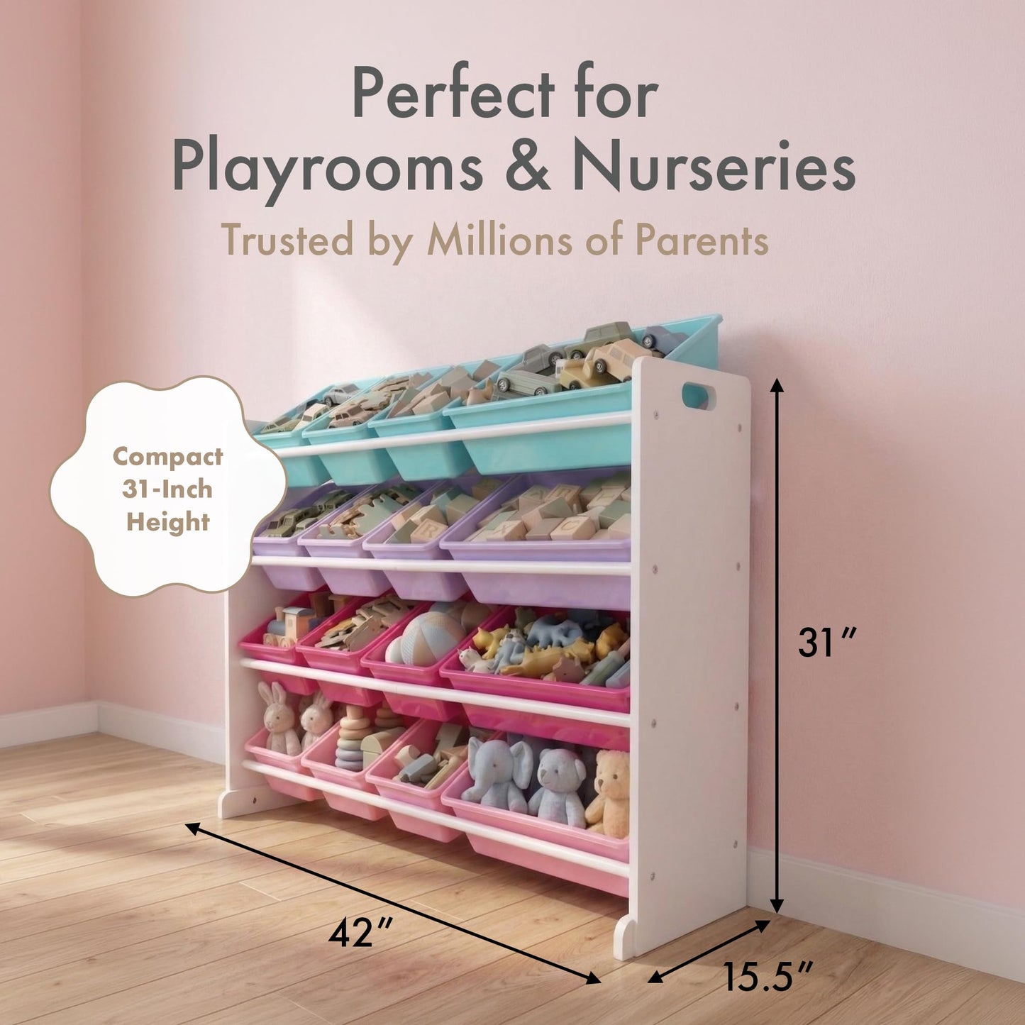 Humble Crew Toy Storage Organizer with 16 Removable Storage Bins for Kids Playroom, 4-Tier Toddler Toy Organization, White/Blue/Pink/Purple