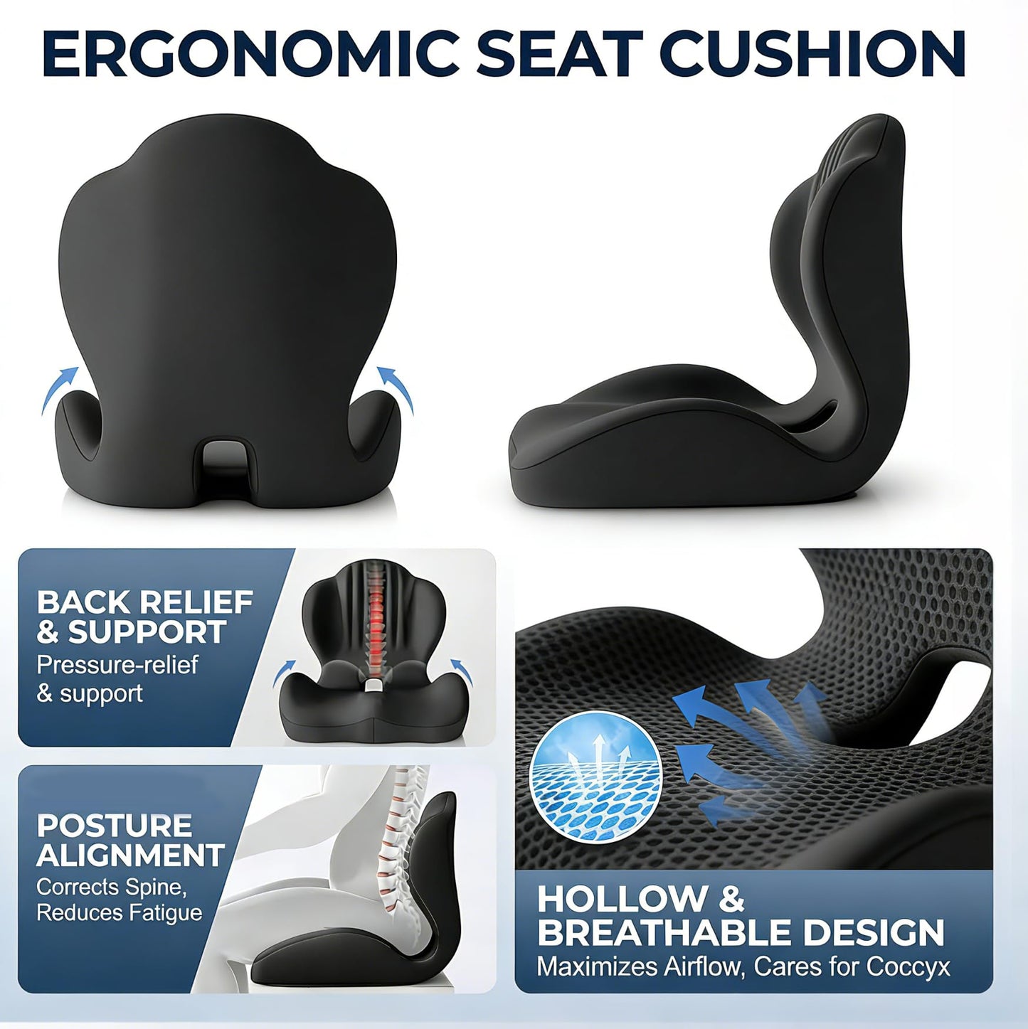 Ergonomic Seat Memory Foam Support Cushion for Back, Car Seat Back Support Cushion for Sciatica Tailbone Pain, Office Desk Chair Car Travel Seat Cushion (Black)