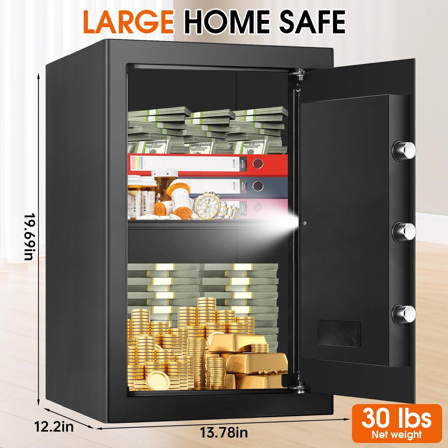 3.4 CUFT Large Home Safes Water and Fireproof, Fire Proof Safes with Spare Key and Electronic Keypad, Floor Safe with Removable Shelf, Safes for Home Use Fire and Water Proof