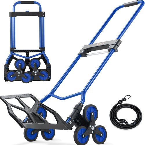 Upgraded Stair Climbing Dolly Cart, 300LB Folding Stair Climber Hand Truck with Telescopic Handle & Silent Wheel, Stair Climber Trolley Dolly with Elastic Rope for Moving, Luggage, Office, Blue