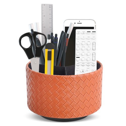 Haecsfl Classic Elegant Round Leather Art Supply Organizer with 3 Compartments, 360-degree Rotating Pen Organizer, Brown