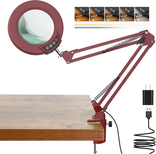 Skiennix 10X Magnifying Glass - Lighted Clamp Magnifier with 5 Color Modes & Dimmable LED - Red