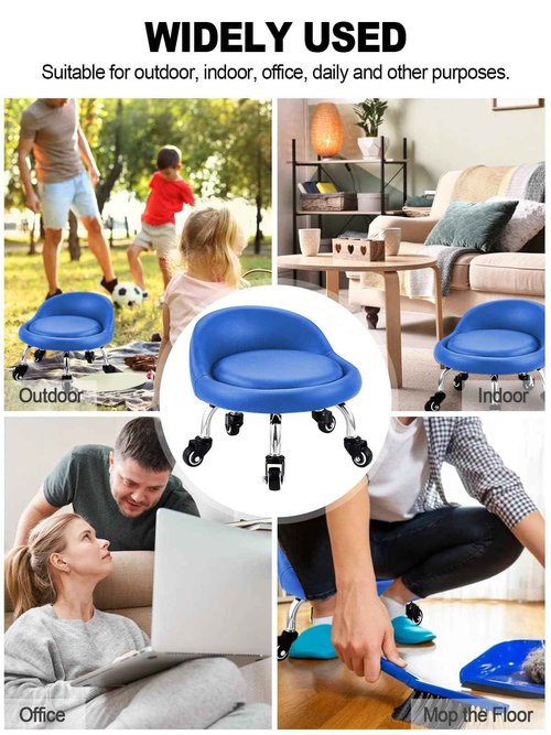Lanstics Low Roller Seat Stool with Universal Swivel Wheels Leather Rolling Stool Seats with Cushion Backrest 360 Rolling Stools for Home Office Fitness (Blue)
