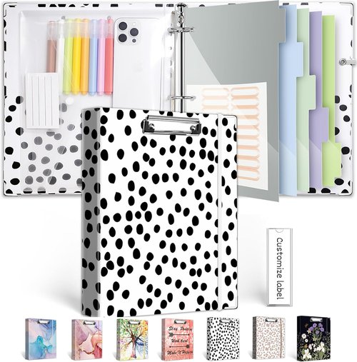 BVSSX 3 Ring Binder Organizer - 1 Inch Binder with Clipboard & 5 Tab Dividers | Polka Dot, Letter Size