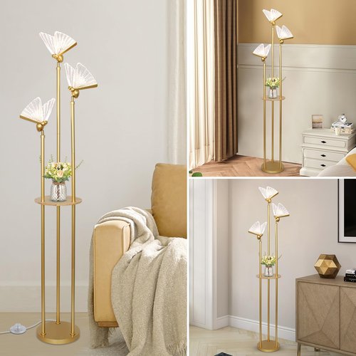 Stepeak Gold Floor Lamps for Living Room, Modern Floor Lamp with Shelves, 3 Adjustable LED Butterfly Lights, Brass Standing Lamps with Table, On/Off Switch, Corner Tall Floor Lamp for Bedroom
