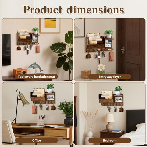 Wall Mounted Mail With message board and Holder Holder Wooden Key, With 4 Double Hook And a storage board, Key holder for wall, Country retro home decor, For living room and foyer storage（Wood brown）