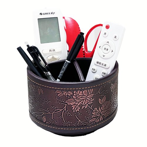 PU Leather Round TV Remote Control Holder for Table,360° Swivel Office Supply Desktop Organizer,4 Compartments Phone/Pen/Pencil Holder,Suitable for Stationery/Heater Controllers Etc (Antique)