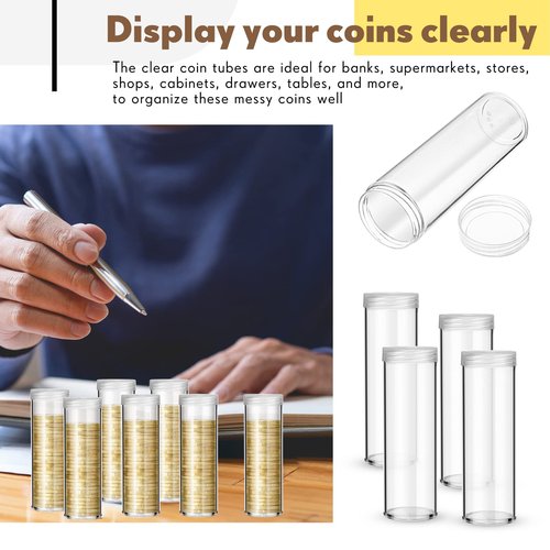 Roowest 30 Pieces Coin Storage Tube Penny Coin Tube Plastic Round Clear Penny Holder Container Organizer with Screw on Lid for Collection Supplies Bank Rolls