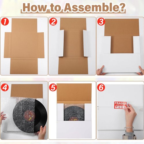 Janlaugh Vinyl Record Mailers - 10 Sets of Easy Fold Shipping Boxes with Fragile Stickers | 12.6 x 12.6 x 1 Inches
