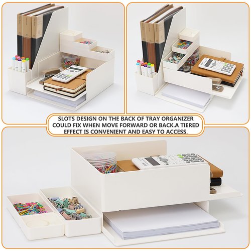 Idealiveny Stackable-File-Organizers for Office Supply Organizers with 2-Tier Paper Letter Tray Plastic File Holder Document Organizers Pen Holder and Drawer Bins for Office Desktop Organizer