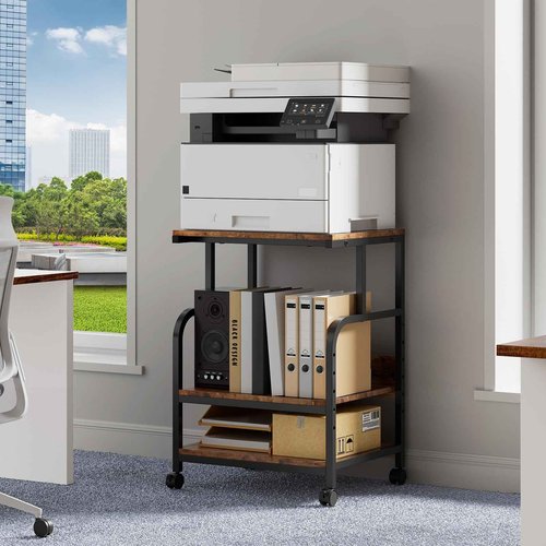 Warmiehomy Printer Stand, 20×16×28'' Printer Table with Wheels, 3 Tier Rolling Cart with Adjustable Storage Shelf, Space Saving 3D Desk for Home Office, Mini Fridge & Heat Press Stand, Rustic Brown