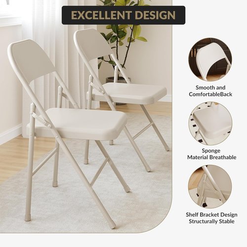 Folding Chairs Set of 4, Portable & Stackable Commercial Seat with Metal Frame, Heavy Duty Foldable Chairs for Office Wedding Party, 350 Pound Capacity, Beige
