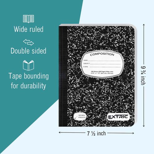 EXTRIC Composition Notebook Wide Ruled – 48 Pack Bulk Wide Ruled Composition Notebooks for School, 200 Pages (100 Sheets) No Bleed Composition Book Black Marble 9.75 x 7.5 in