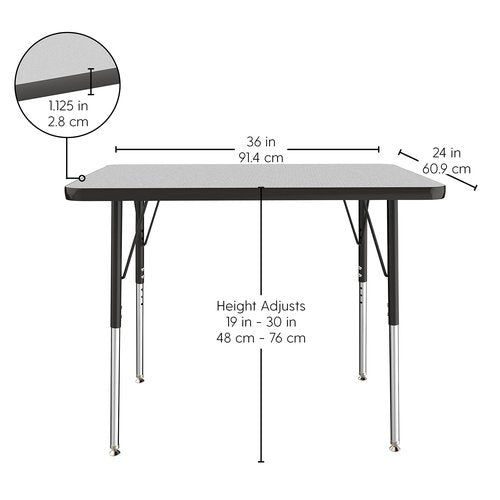 FDP Rectangle Activity School and Office Table (24 x 36 inch), Standard Legs with Swivel Glides, Adjustable Height 19-30 inches; Quick Ship Single Box - Gray Top and Black Edge