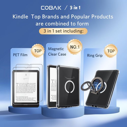 CoBak 3 in 1 Magnetic Clear Case with Ring Grip & Anti-Glare Screen Protector for 7" Kindle Paperwhite 2024 (12th Gen) & Colorsoft, Compatible with iPhone MagSafe, for Belkin/Anker Wireless Charging.