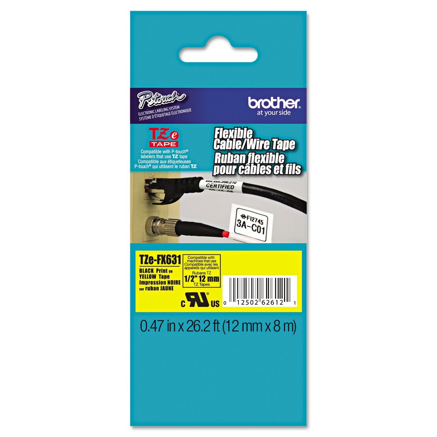Brother Laminated Flexible ID Black on Yellow 1/2 Inch Tape - Retail Packaging (TZeFX631) - Retail Packaging