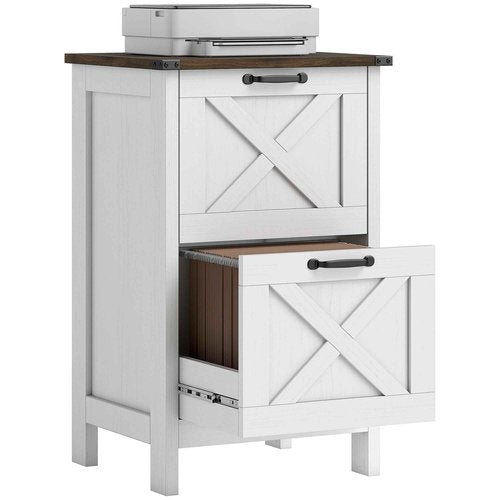 HOMCOM 2 Drawer Vertical File Cabinet with Silent Slides, Rustic Farmhouse Filing Cabinet with Barn Doors for A4/Letter Size, Printer Stand with Storage for Home Office, Distressed White