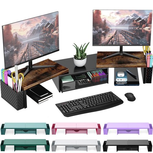 Spacrea Metal Desk Organizers and Accessories, Dual Monitor Stand Riser with Drawer and 2 Pen Holders, Desk Accessories & Workspace Desktop Organizers for Office Supplies (Wood)