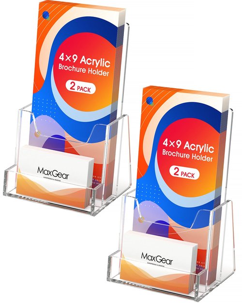 MaxGear 4x9 inch Brochure Holder, 2 Pack Acrylic Display Stand with Business Card Slot, Countertop Literature, Flyer, Trifold, Pamphlet, Booklet Menu Organizer