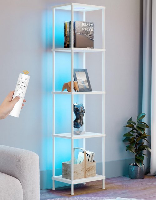 Display Shelf with RGBCW Light, Color Changing Curio Cabinet Floor Lamp with Shelves Corner Standing Column Lamp Etagere Organizer Tower Nightstand Bookcase for Living Room Bedroom Office Décor White