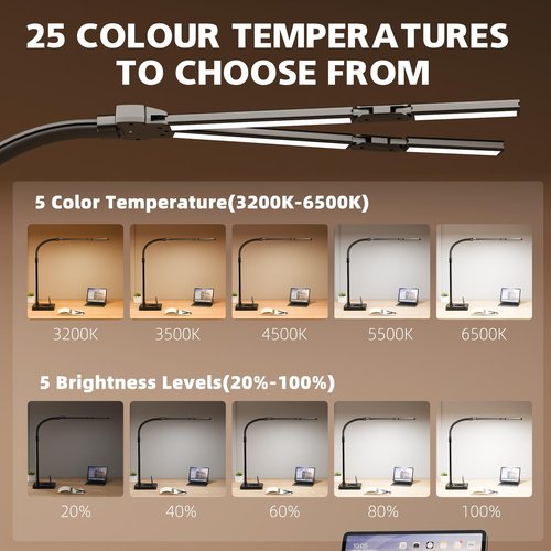 sandiea LED Desk Lamp for Home Office, 24W Bright Foldable Desk Lamp with Base,25 Lighting Modes Eye-Caring Desk Light Adjustable Gooseneck Lamp for Drafting Reading Study(B)