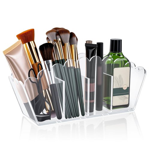Novacrylion Scalloped Acrylic Pencil Holder – Clear Desk Organizer with 4 Compartments – Makeup Brush Holder & Remote Caddy for Office, Bathroom, Table – Party Accessory