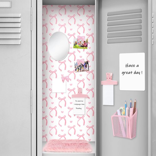 Newtay 14 Pcs Pink Locker Accessories Kit - Magnetic Locker Organizer Decorations with Bow Wallpaper, Mirror, Whiteboard, Dry Erase Pen, Pen Holder, Area Rug, Clips, Magnets for Dorm Office Gym