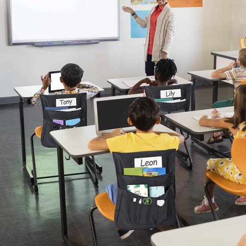 Toriexon Chair Pockets 24 Pack, 17 x 18 Inch Black Chairback Buddy With Name Slot, Classroom Organizer for Kids' Back of Chair