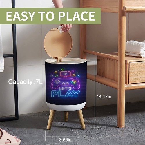 Small Trash Can with Lid Lets Play neon sign bright signboard light banner Game neon emblem Garbage Bin Round Waste Bin Press Cover Dog Proof Wastebasket for Kitchen Bathroom Living Room 1.8 Gallon