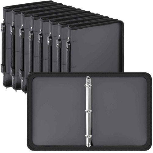 Teling 8 Pcs Zipper Binders with 3 Ring Zipper Binder, Refillable Plastic Clear File Organizer Planner for Projects, Assignments, Memos, School Work (1.5 Inch,Black)