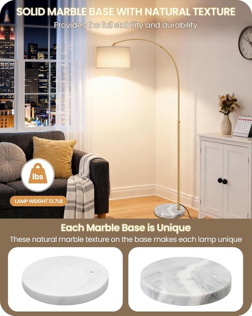75" Arc Floor Lamp by DW15LD05 - Dimmable with Remote & Adjustable Height | Marble Base & Rotating Shade