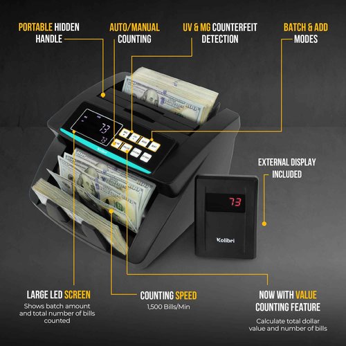 KOLIBRI Money Counter Machine, Advanced Fake Detection & LCD Display | 1,500 Bills per Minute Single-Denomination Cash Counter | Bill Counter Machine (US Customer Support)