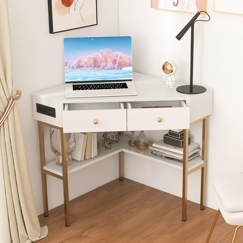Giantex Corner Desk with Charging Station, 90 Degree Triangle Computer Desk with 2 Drawers & Storage Shelf, L-Shaped Writing Desk Makeup Vanity Table, Compact Corner Desk for Small Spaces (White)