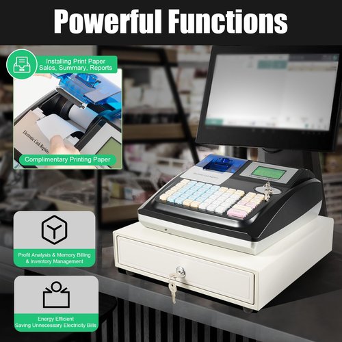 LNUJIUN Electronic Cash Register with 8-Digit LED Display and Thermal Print Head 48 Keys Commercial Cash Register for Shopping Malls, Small Business, Supermarket Retailer