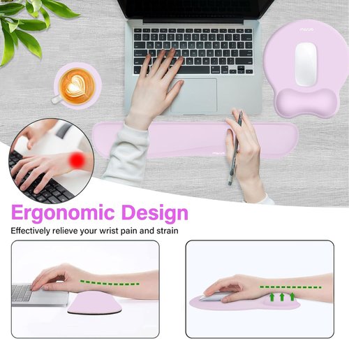 MOSISO Ergonomic Wrist Rest Support Set - Curved Memory Foam Mousepad & Keyboard Pad, 2 Pack - Purple