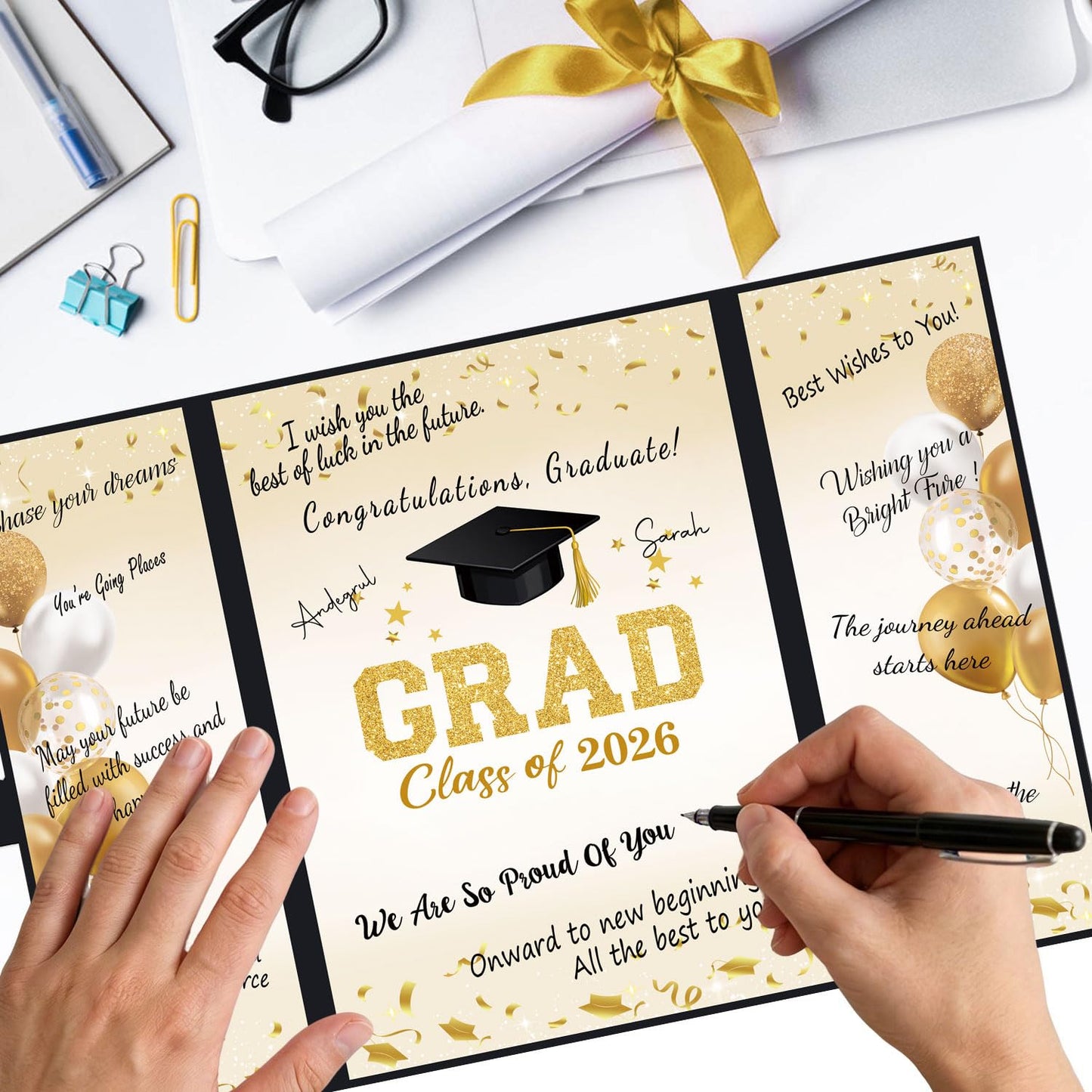 QIYANPAX 2026 Graduation Guest Book Alternative, Black and Gold Graduation Decorations Class of 2026, Graduation Signature Book, Congrats Grad Sign in Board, Graduation Gifts for Her Him